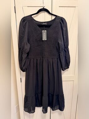 Black Smocked Midi Dress 3/4 Sleeves